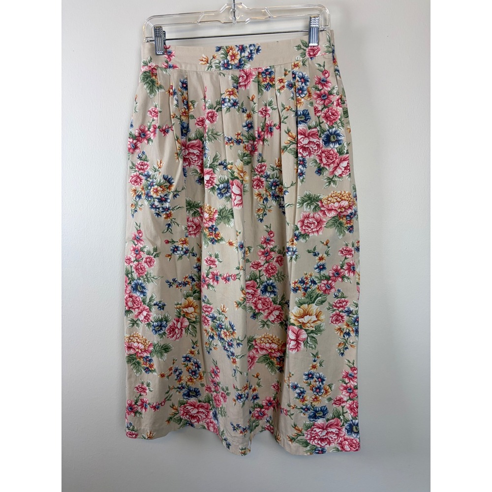 Vintage Gina Peters Floral Midi Skirt Large Beige Cotton Cottagecore Pleated